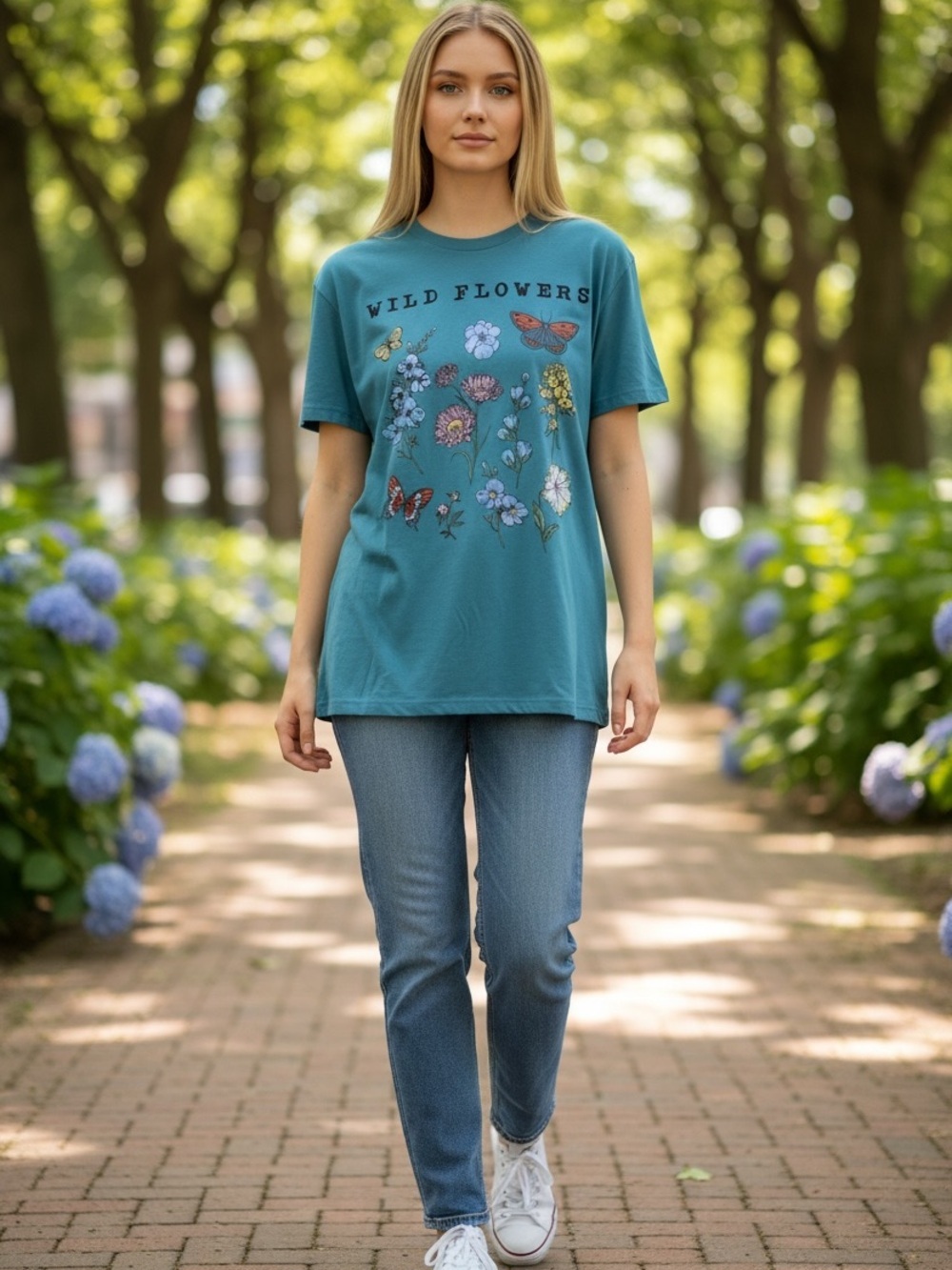 Fifth Sun Wildflowers/Butterflies Turquoise Oversized X-Long Tee Top